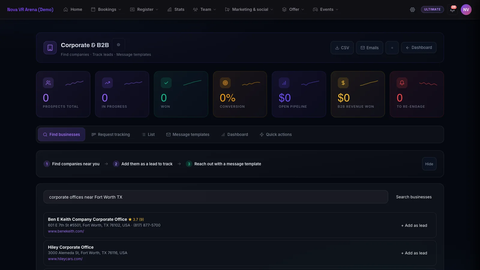 Pulzar's corporate module: company records, tracked requests, quotes