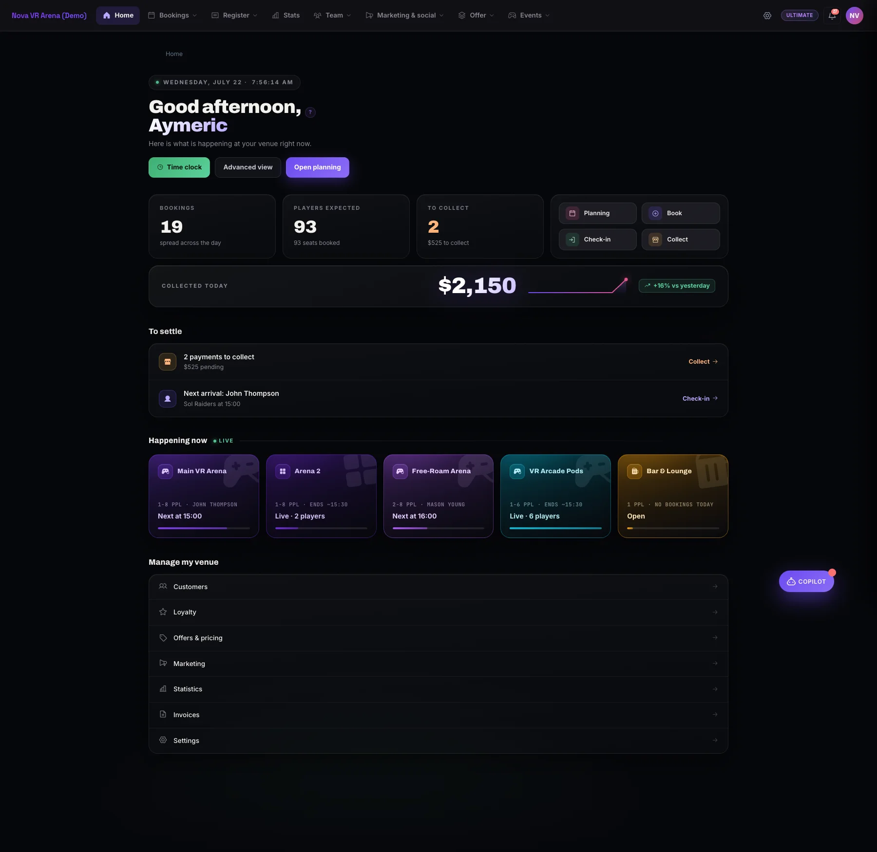 The Pulzar dashboard: bookings, point of sale and today's revenue in real time