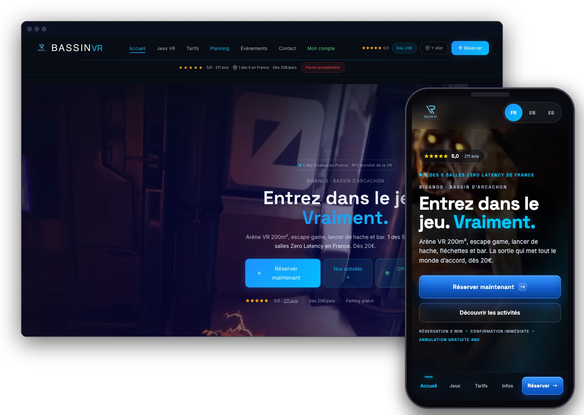 Le site de BassinVR, construit et géré par Pulzar, en version PC et mobile