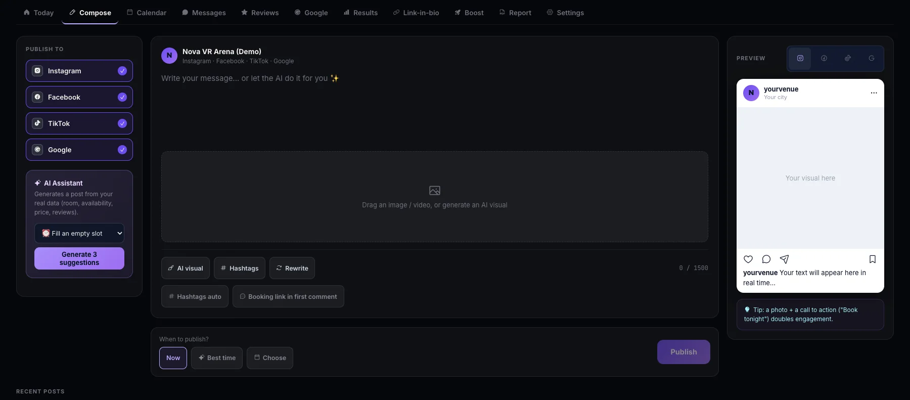 Pulzar's AI Social Studio: compose one post for 5 networks